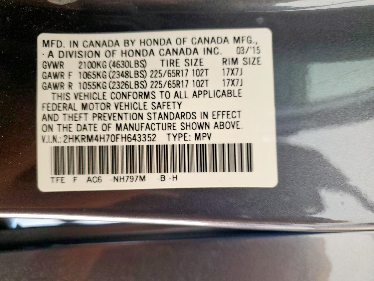 2015 Honda Cr-V Exl VIN: 2HKRM4H70FH643352 Lot: 91732015