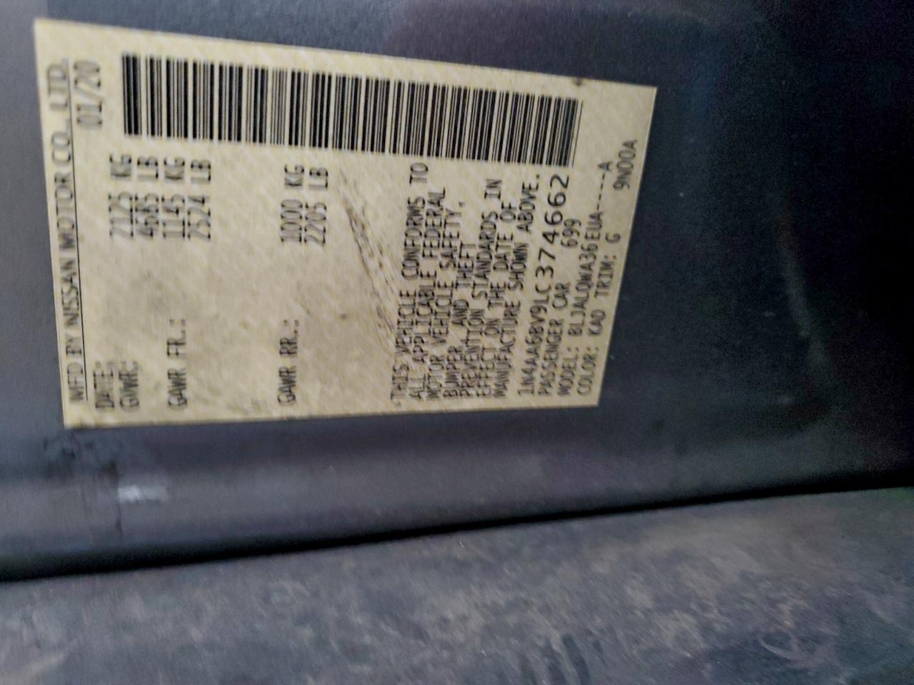 2020 Nissan Maxima S VIN: 1N4AA6BV9LC374662 Lot: 93951795