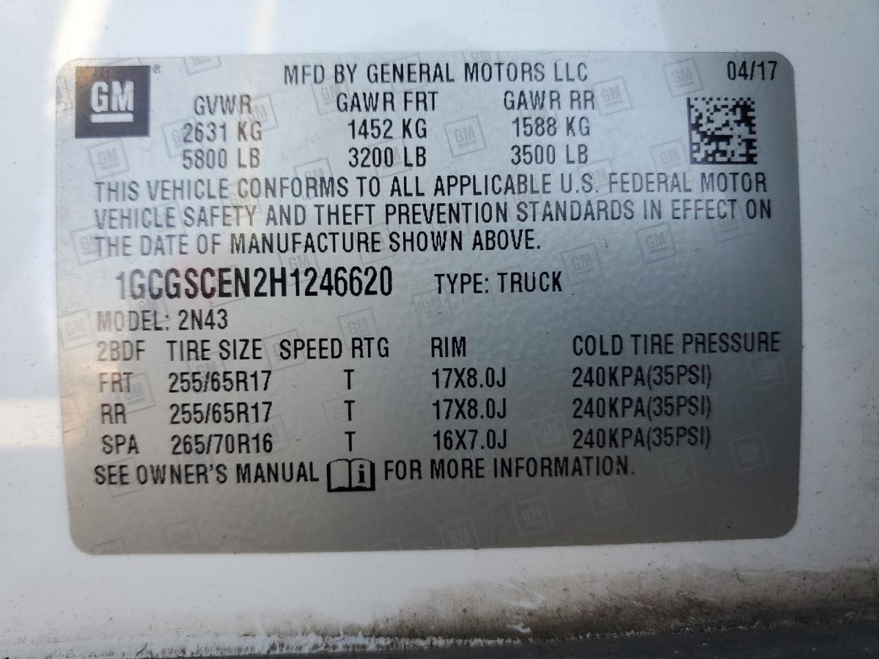 2017 Chevrolet Colorado Lt VIN: 1GCGSCEN2H1246620 Lot: 90622965