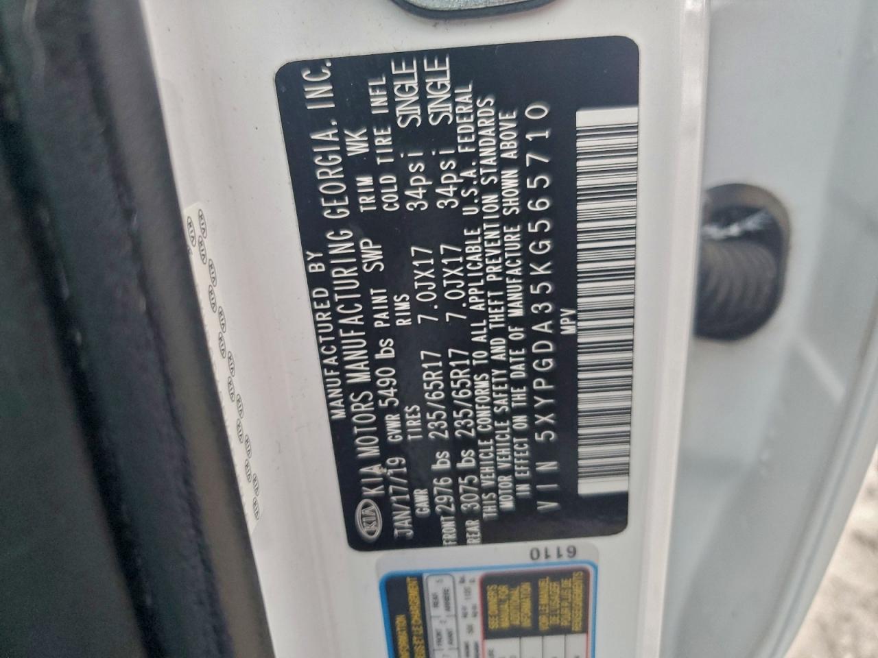 2019 Kia Sorento L VIN: 5XYPGDA35KG565710 Lot: 94298325