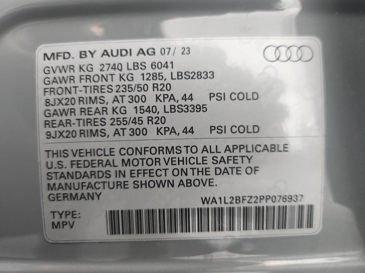 2023 Audi Q4 E-Tron Premium Plus VIN: WA1L2BFZ2PP076937 Lot: 92223515