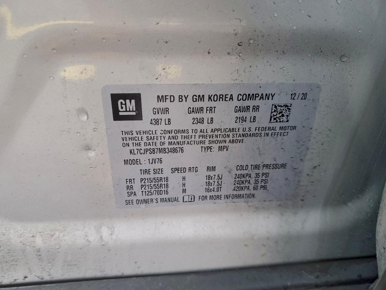 2021 Chevrolet Trax 1Lt VIN: KL7CJPSB7MB348676 Lot: 94244665