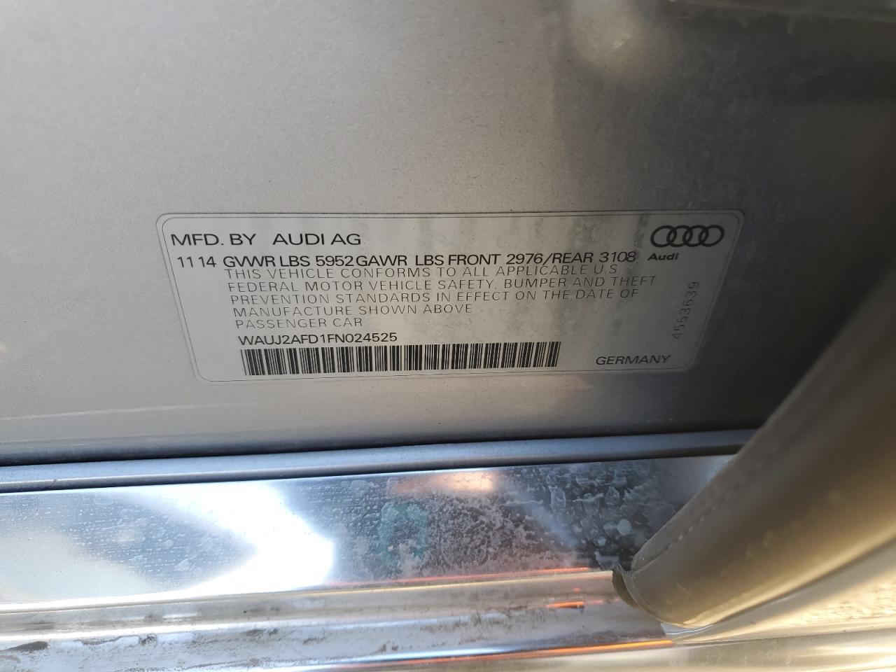 2015 Audi A8 Quattro VIN: WAUJ2AFD1FN024525 Lot: 92806925