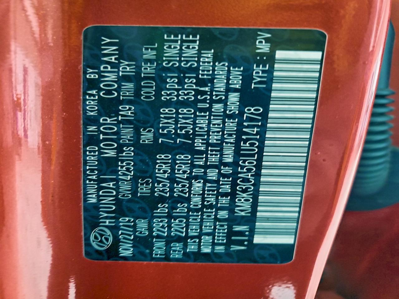 2020 Hyundai Kona Limited VIN: KM8K3CA56LU514178 Lot: 93502565