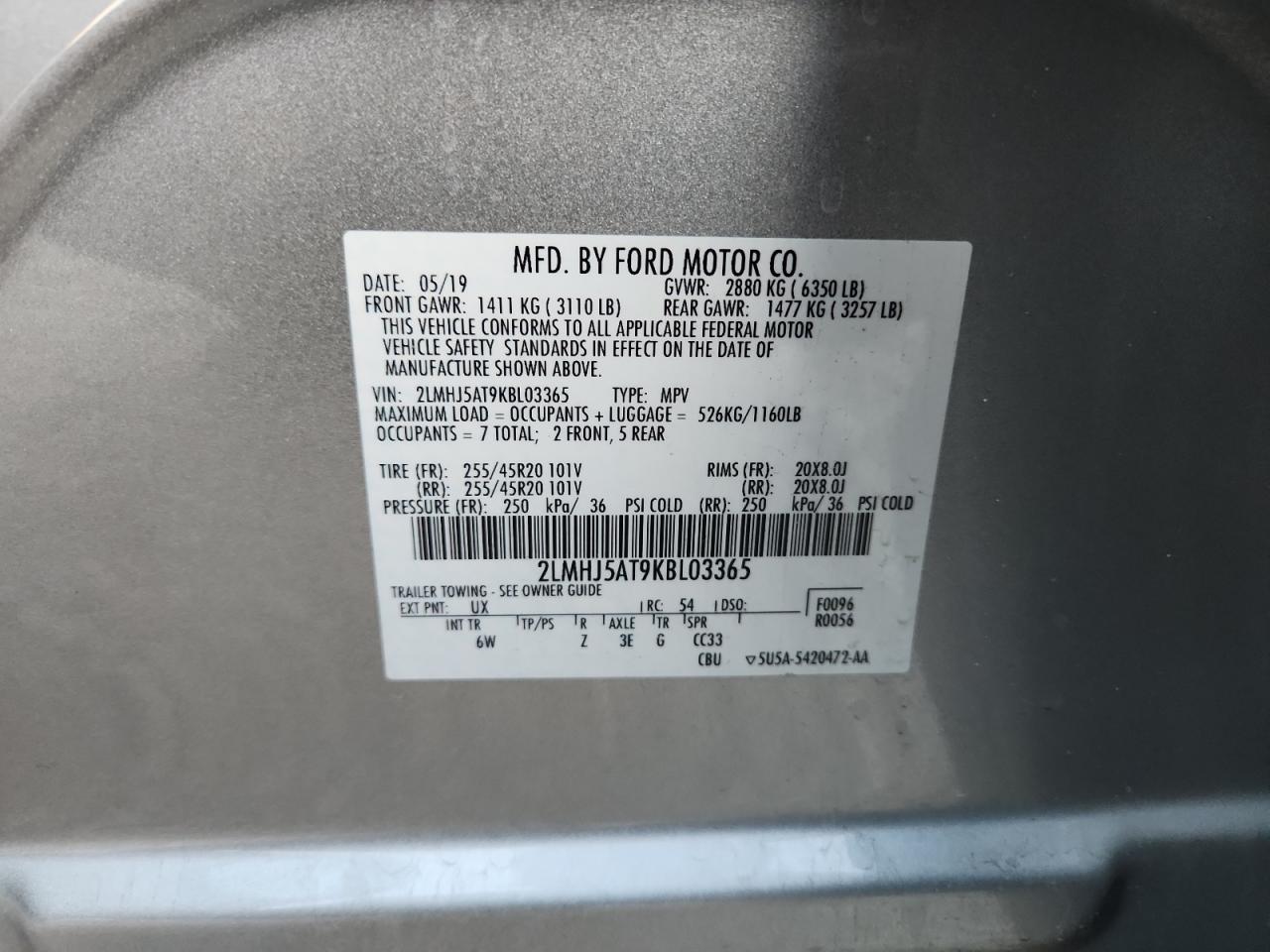 2019 Lincoln Mkt VIN: 2LMHJ5AT9KBL03365 Lot: 89685255