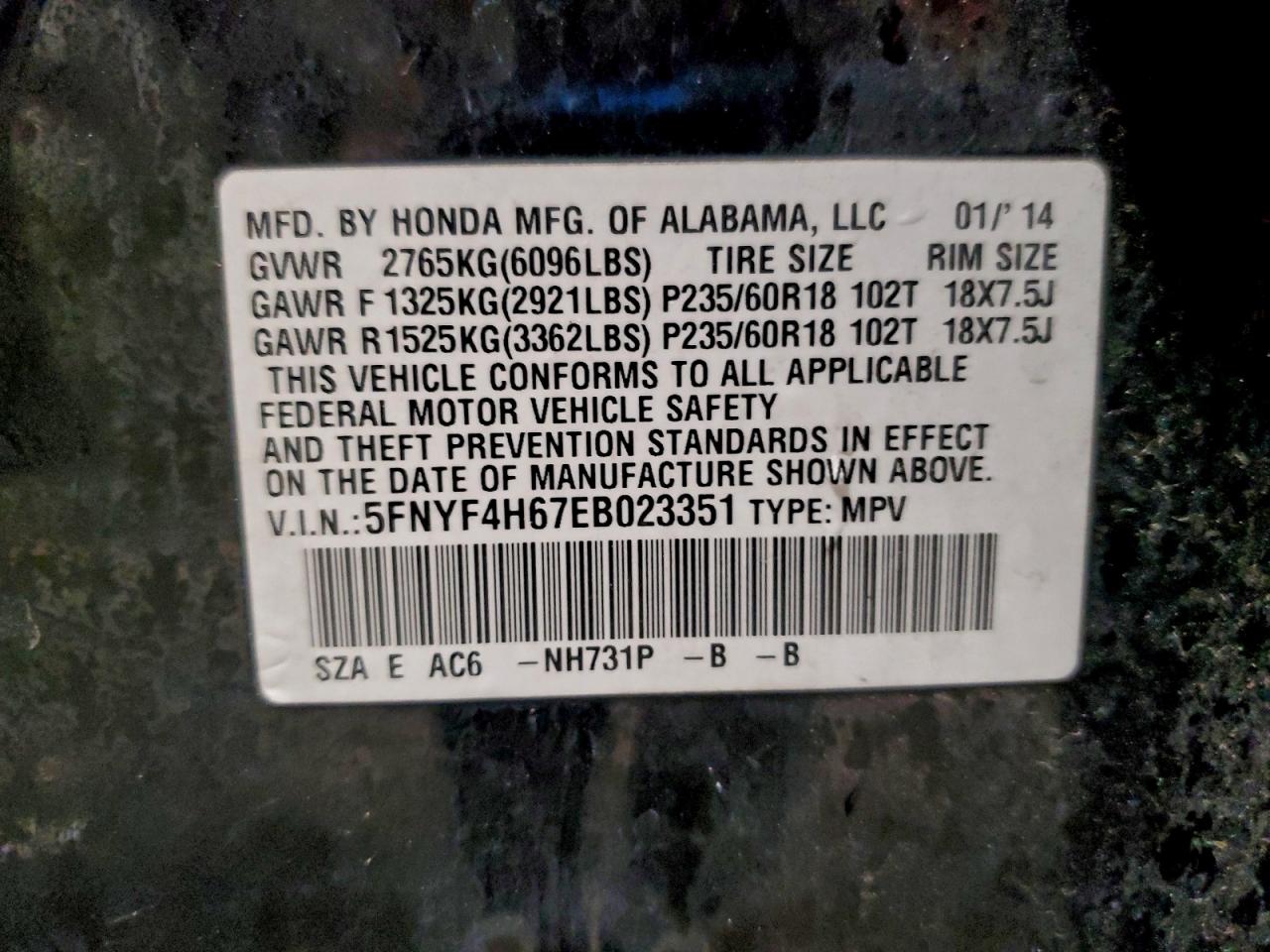 2014 Honda Pilot Exl VIN: 5FNYF4H67EB023351 Lot: 93774395