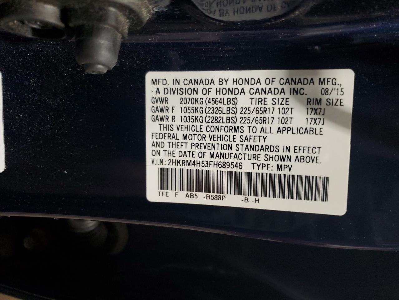 2015 Honda Cr-V Ex VIN: 2HKRM4H53FH689546 Lot: 92345775