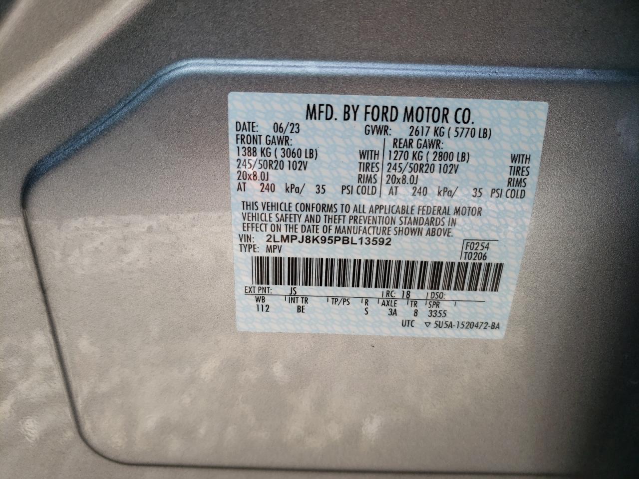 2023 Lincoln Nautilus Reserve VIN: 2LMPJ8K95PBL13592 Lot: 92858945