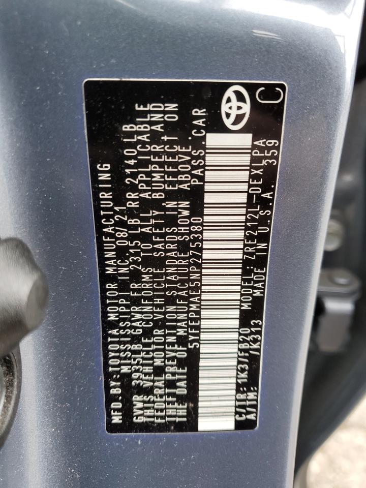 2022 Toyota Corolla Le VIN: 5YFEPMAE5NP275380 Lot: 91855175