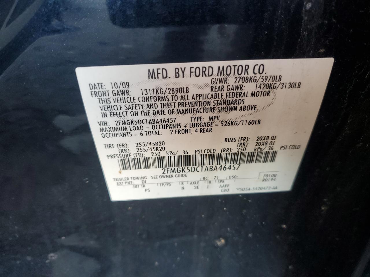 2010 Ford Flex Limited VIN: 2FMGK5DC1ABA46457 Lot: 91670195