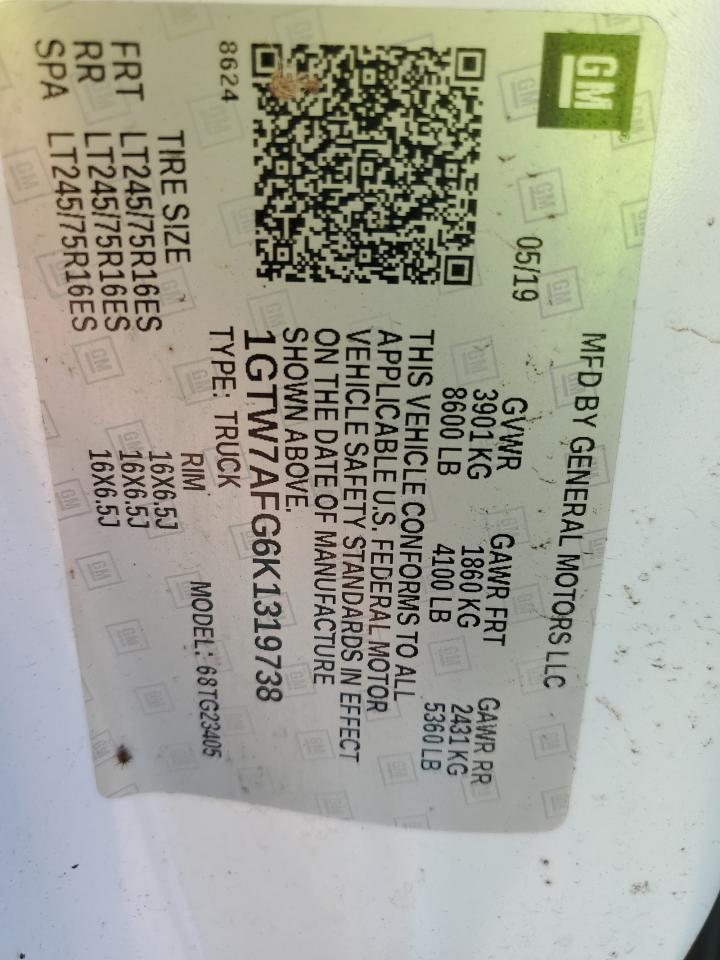 2019 GMC Savana G2500 VIN: 1GTW7AFG6K1319738 Lot: 91764315