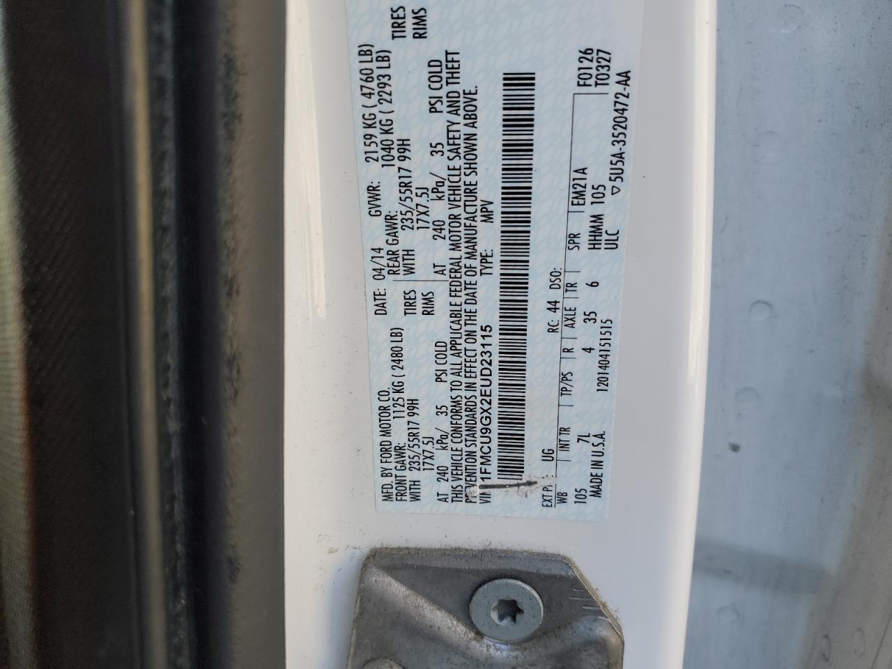 2014 Ford Escape Se VIN: 1FMCU9GX2EUD23115 Lot: 91919625