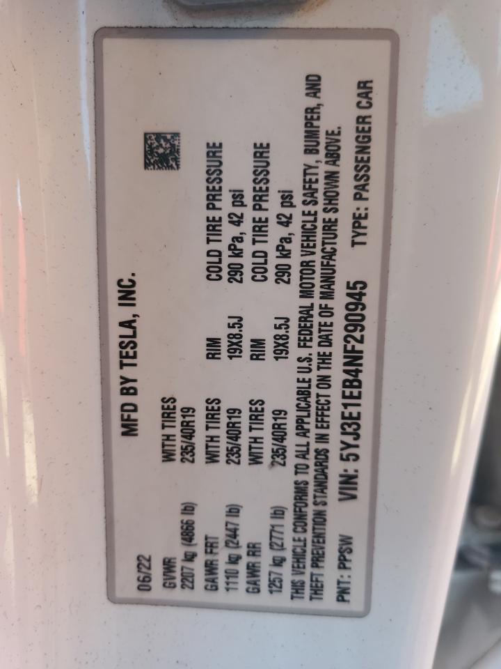 2022 Tesla Model 3 VIN: 5YJ3E1EB4NF290945 Lot: 90761035