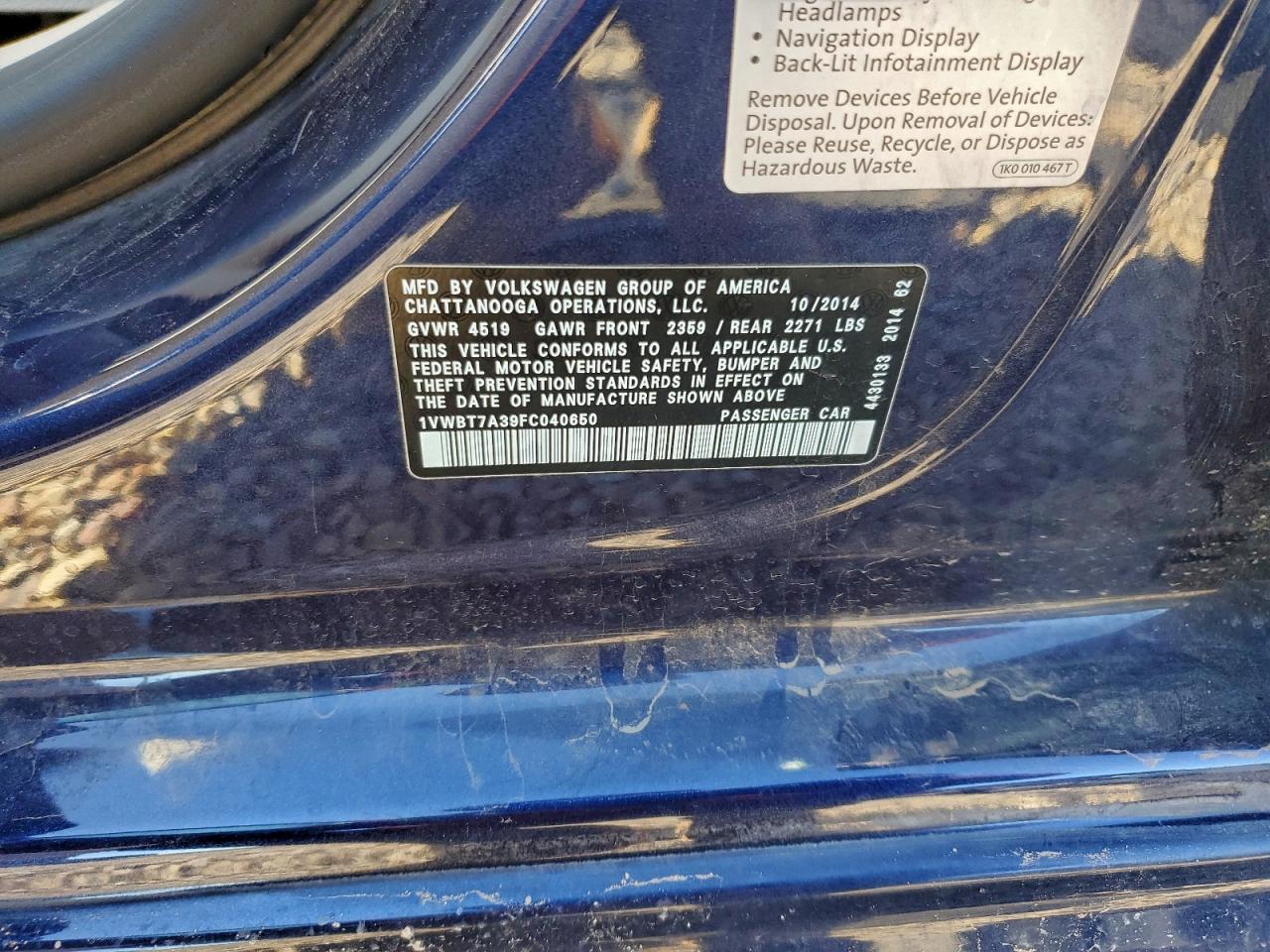 2015 Volkswagen Passat Se VIN: 1VWBT7A39FC040650 Lot: 94303785