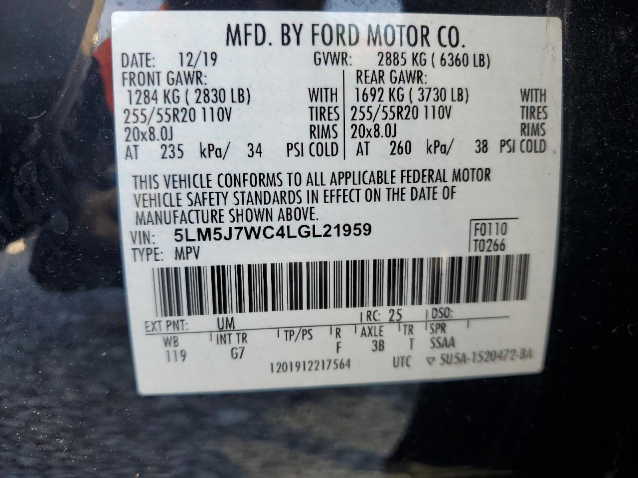 2020 Lincoln Aviator Reserve VIN: 5LM5J7WC4LGL21959 Lot: 91601835