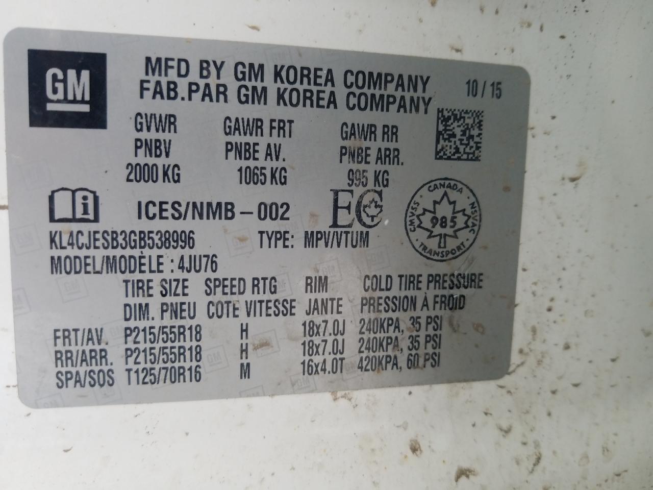 2016 Buick Encore VIN: KL4CJESB3GB538996 Lot: 71877755