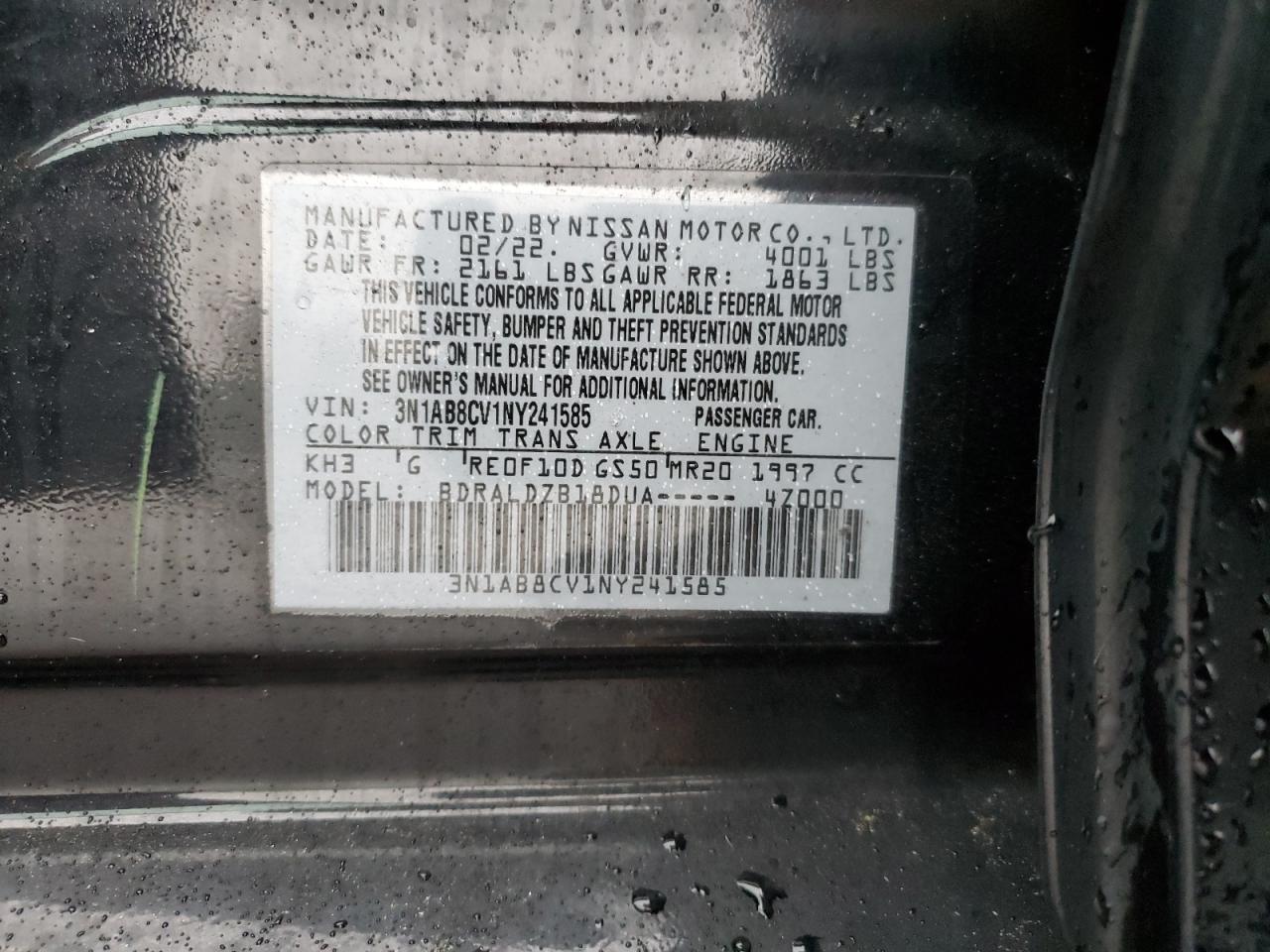 2022 Nissan Sentra Sv VIN: 3N1AB8CV1NY241585 Lot: 93846335