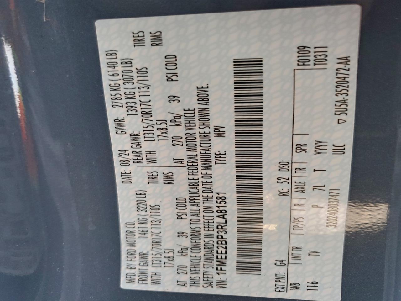 2024 Ford Bronco Wildtrak VIN: 1FMEE2BP3RLA81581 Lot: 94189685