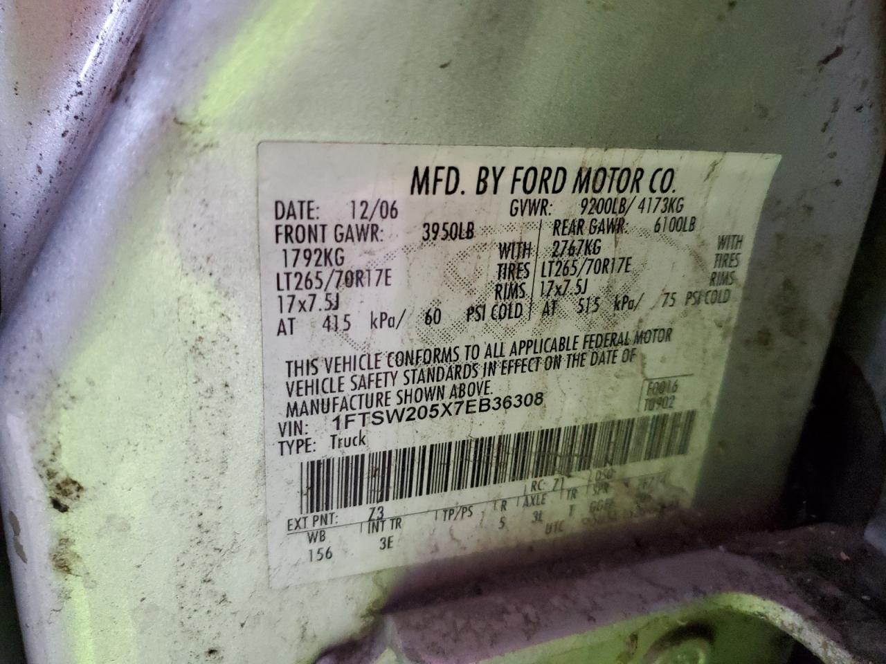 2007 Ford F250 Super Duty VIN: 1FTSW205X7EB36308 Lot: 93457535