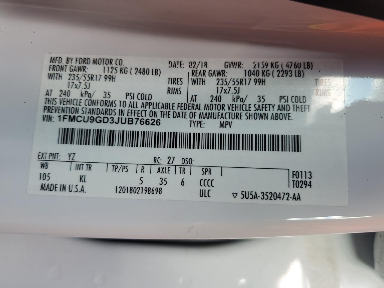 2018 Ford Escape Se VIN: 1FMCU9GD3JUB76626 Lot: 92440805