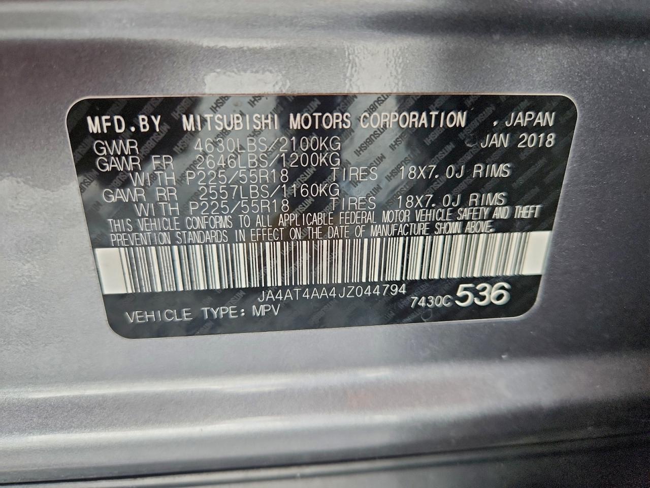 2018 Mitsubishi Eclipse Cross Le VIN: JA4AT4AA4JZ044794 Lot: 94815355