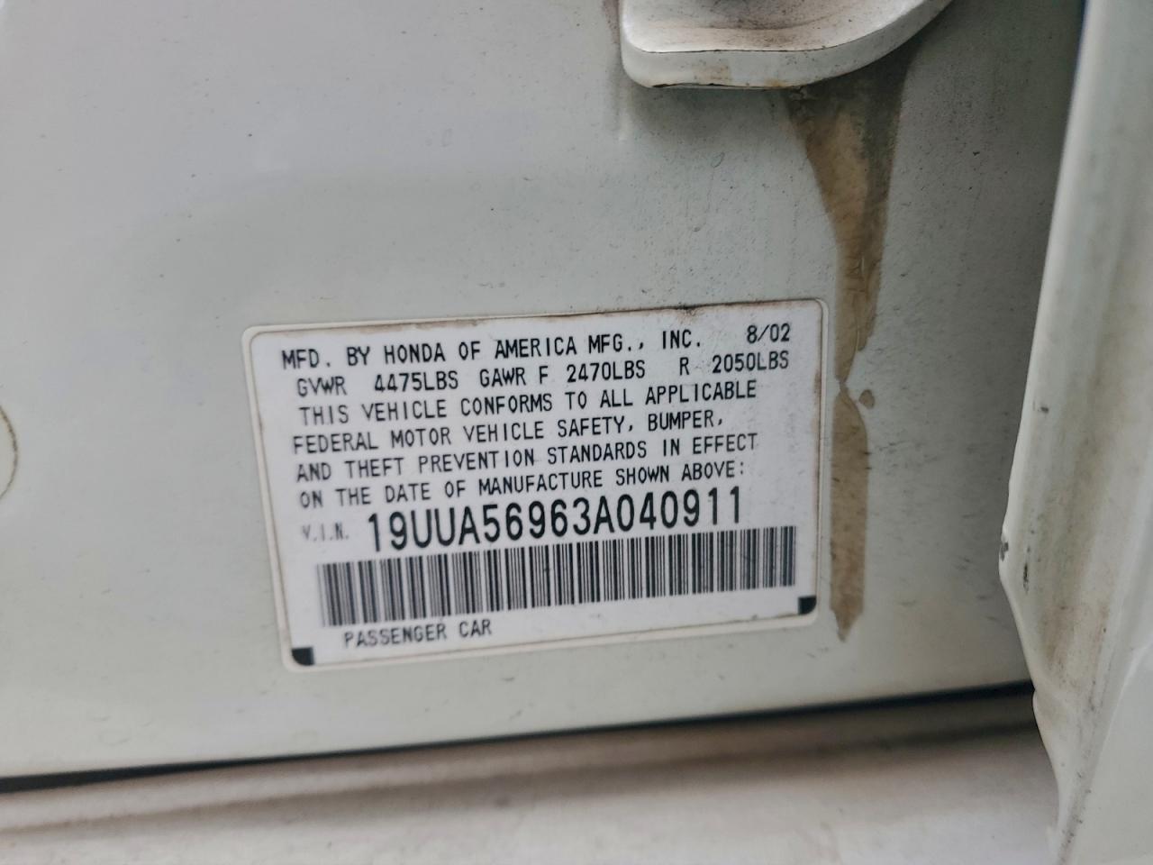 2003 Acura 3.2Tl Type-S VIN: 19UUA56963A040911 Lot: 94092705