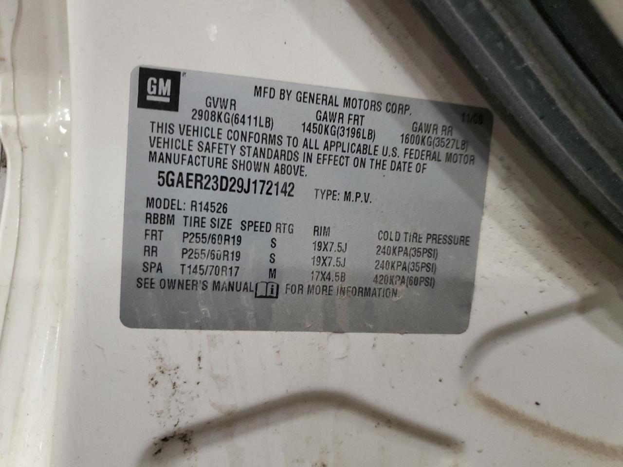 2009 Buick Enclave Cxl VIN: 5GAER23D29J172142 Lot: 92762085