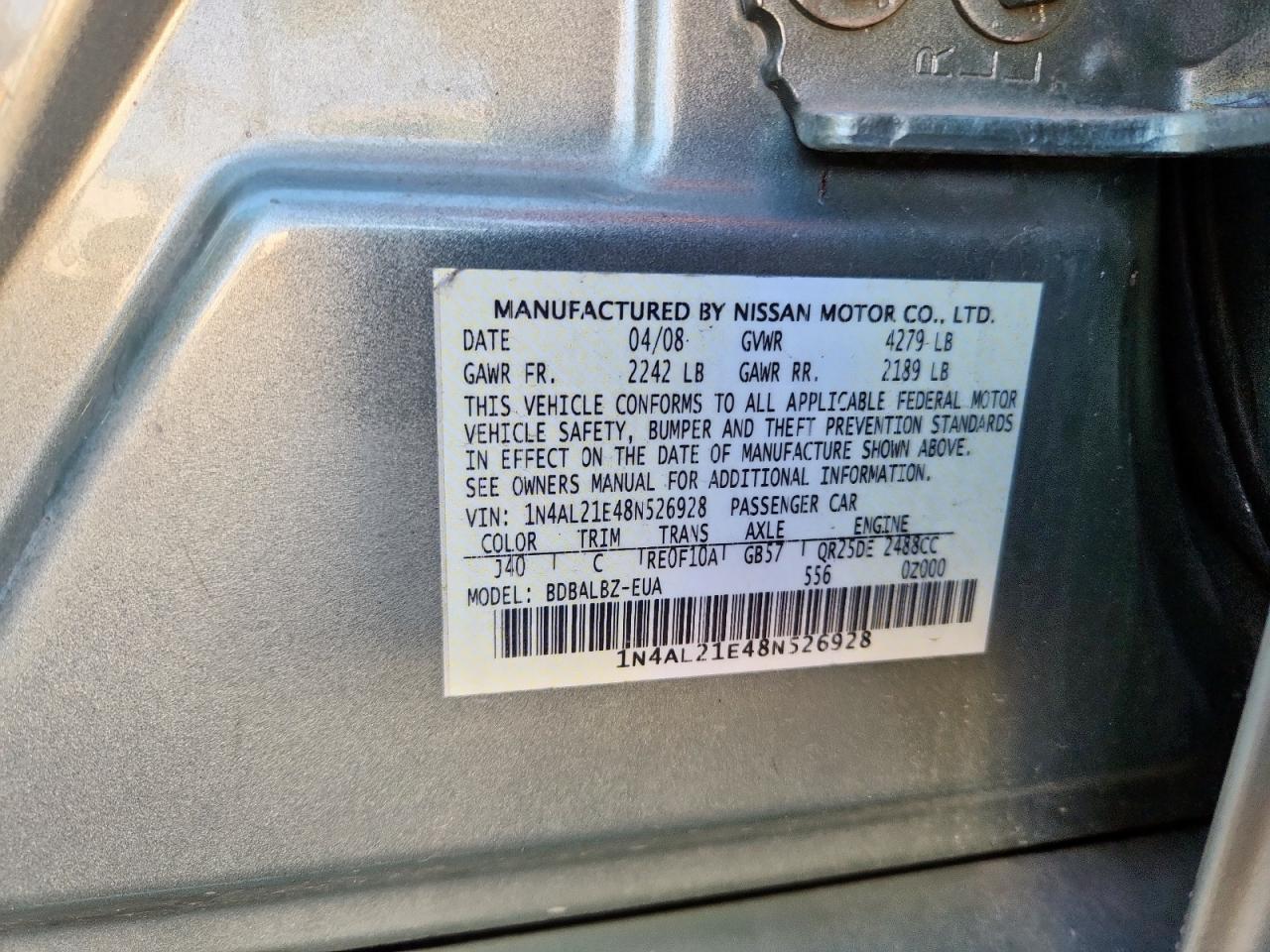 2008 Nissan Altima 2.5 VIN: 1N4AL21E48N526928 Lot: 90825065