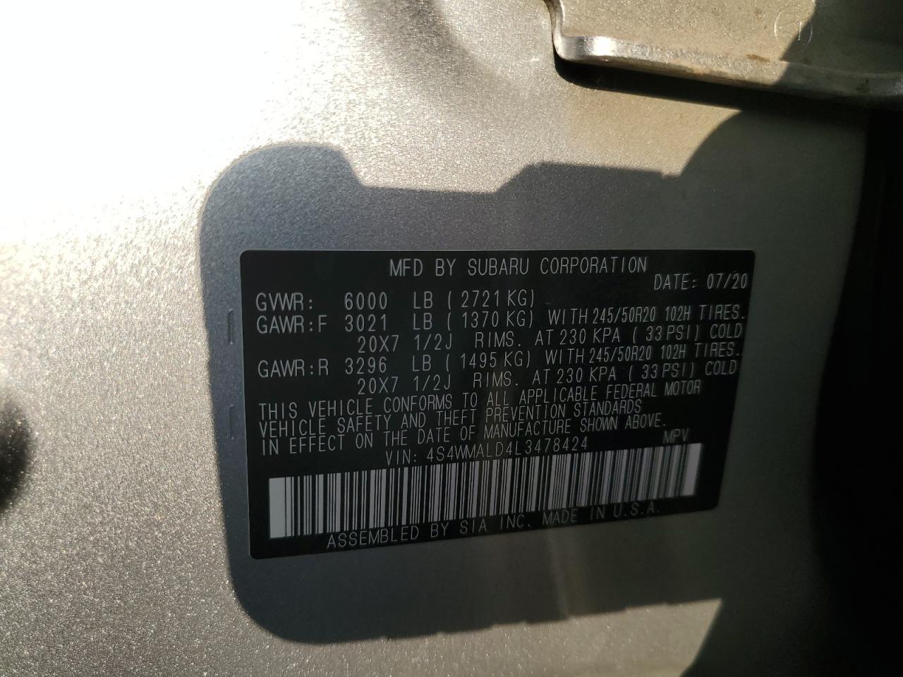 2020 Subaru Ascent Limited VIN: 4S4WMALD4L3478424 Lot: 90854255