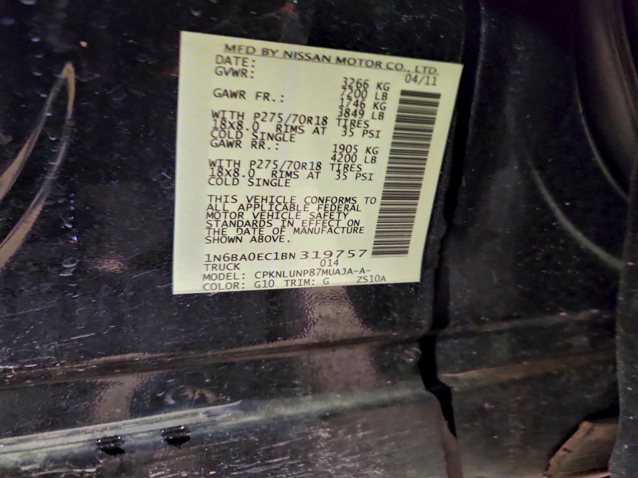 2011 Nissan Titan S VIN: 1N6BA0EC1BN319757 Lot: 93742085