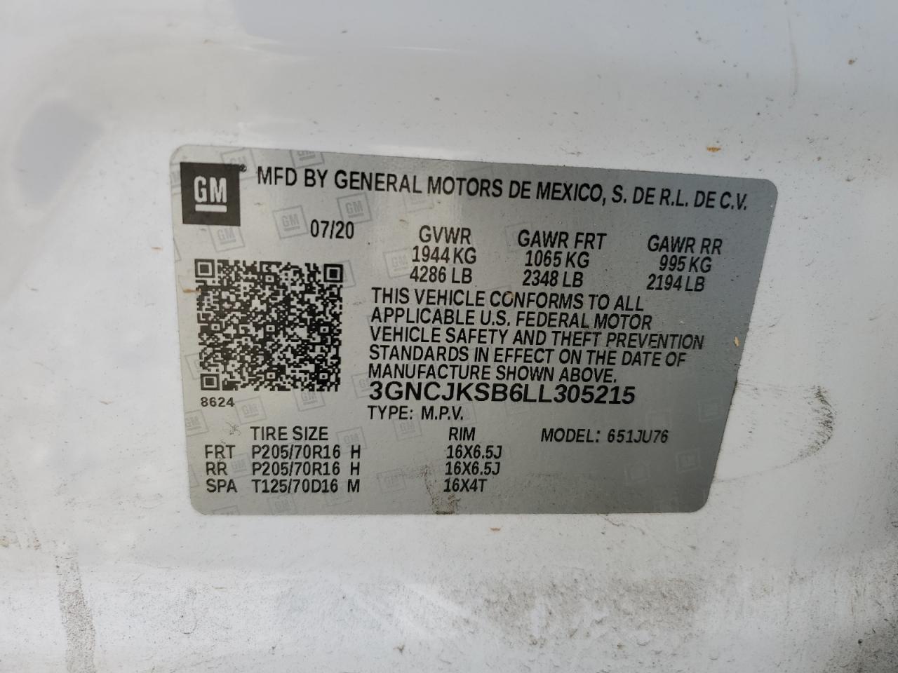 2020 Chevrolet Trax Ls VIN: 3GNCJKSB6LL305215 Lot: 93254465