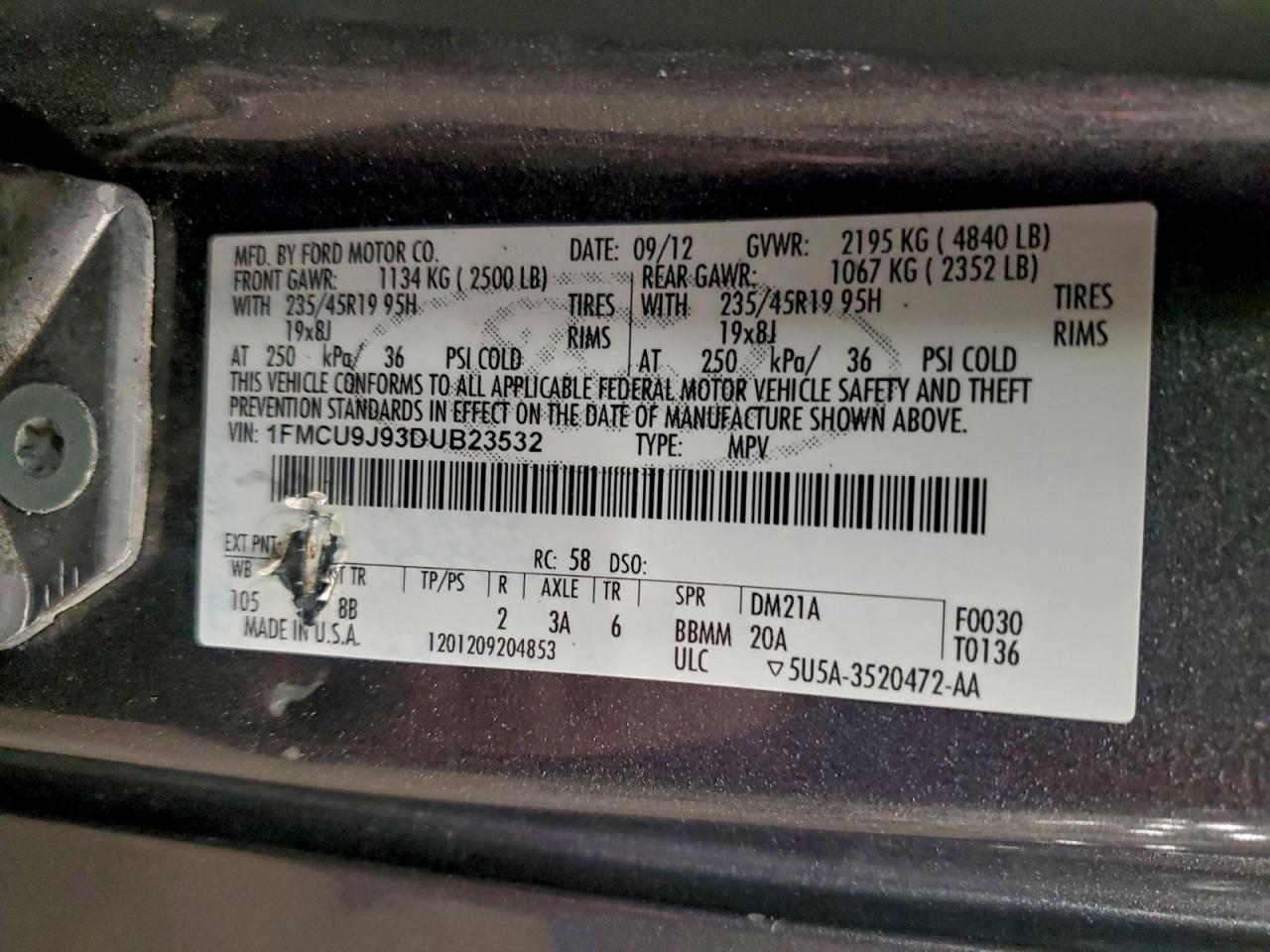 2013 Ford Escape Titanium VIN: 1FMCU9J93DUB23532 Lot: 94479325