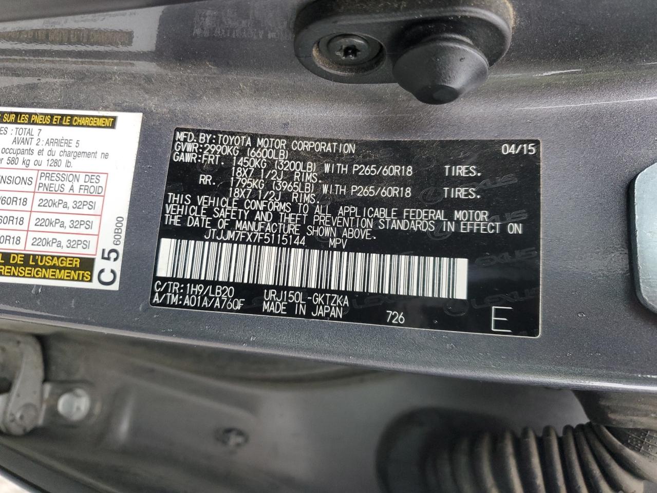 2015 Lexus Gx 460 Premium VIN: JTJJM7FX7F5115144 Lot: 92951315