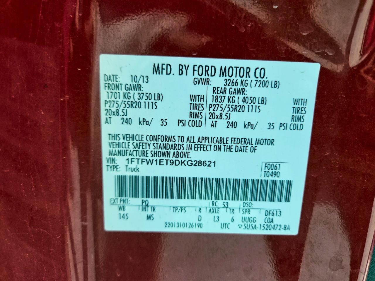 2013 Ford F150 Supercrew VIN: 1FTFW1ET9DKG28621 Lot: 94673635