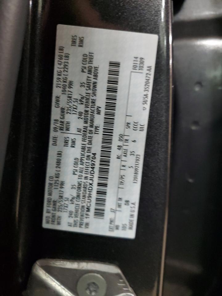 2018 Ford Escape Sel VIN: 1FMCU9HDXJUD49704 Lot: 92016835