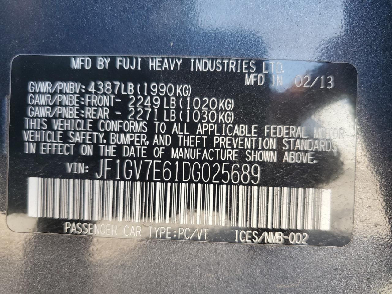 2013 Subaru Impreza Wrx VIN: JF1GV7E61DG025689 Lot: 92000195