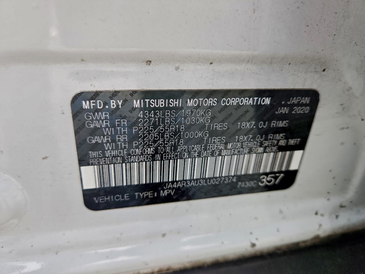 2020 Mitsubishi Outlander Sport Es VIN: JA4AR3AU3LU027374 Lot: 94031835