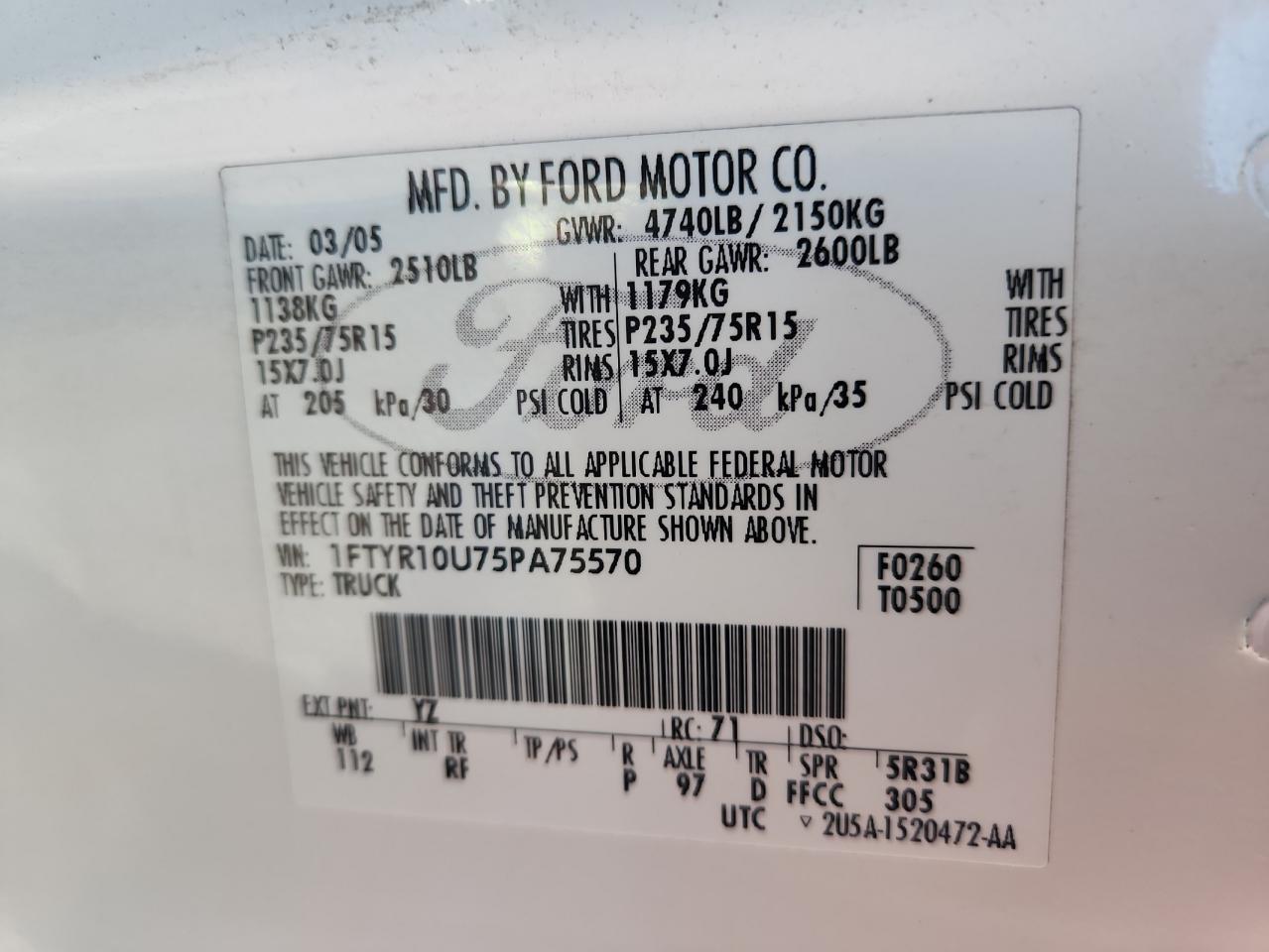 2005 Ford Ranger VIN: 1FTYR10U75PA75570 Lot: 91640165