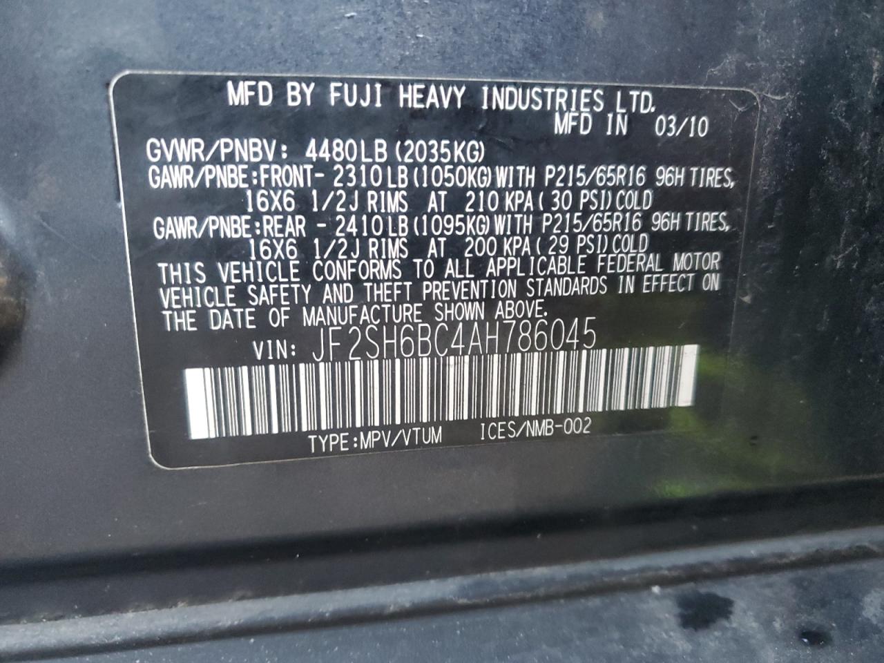 2010 Subaru Forester Xs VIN: JF2SH6BC4AH786045 Lot: 93144225