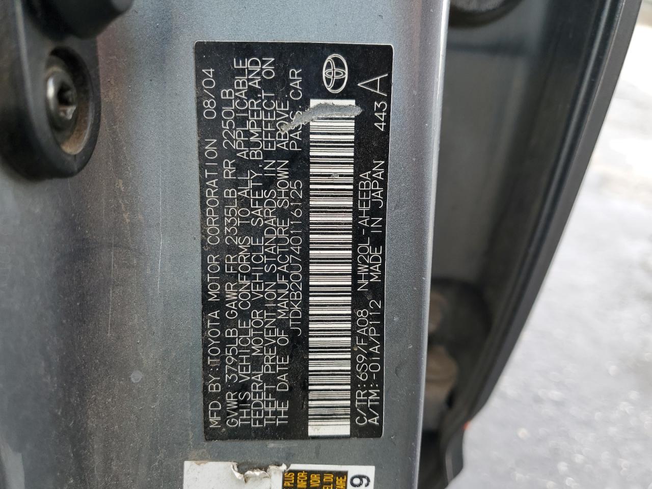 2004 Toyota Prius VIN: JTDKB20U740116125 Lot: 93557525