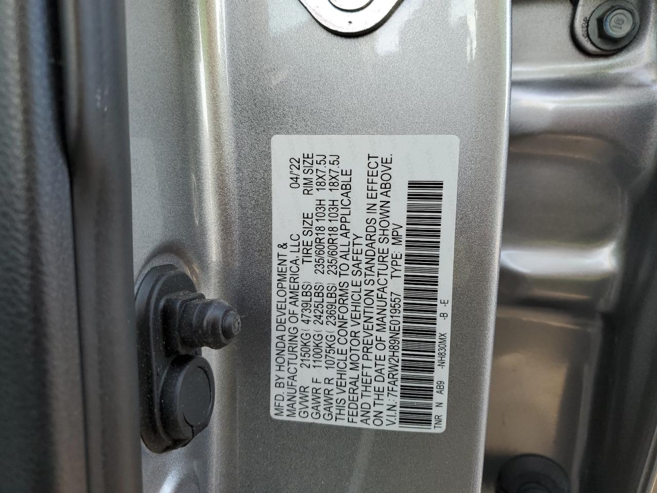 2022 Honda Cr-V Exl VIN: 7FARW2H89NE019557 Lot: 93543525