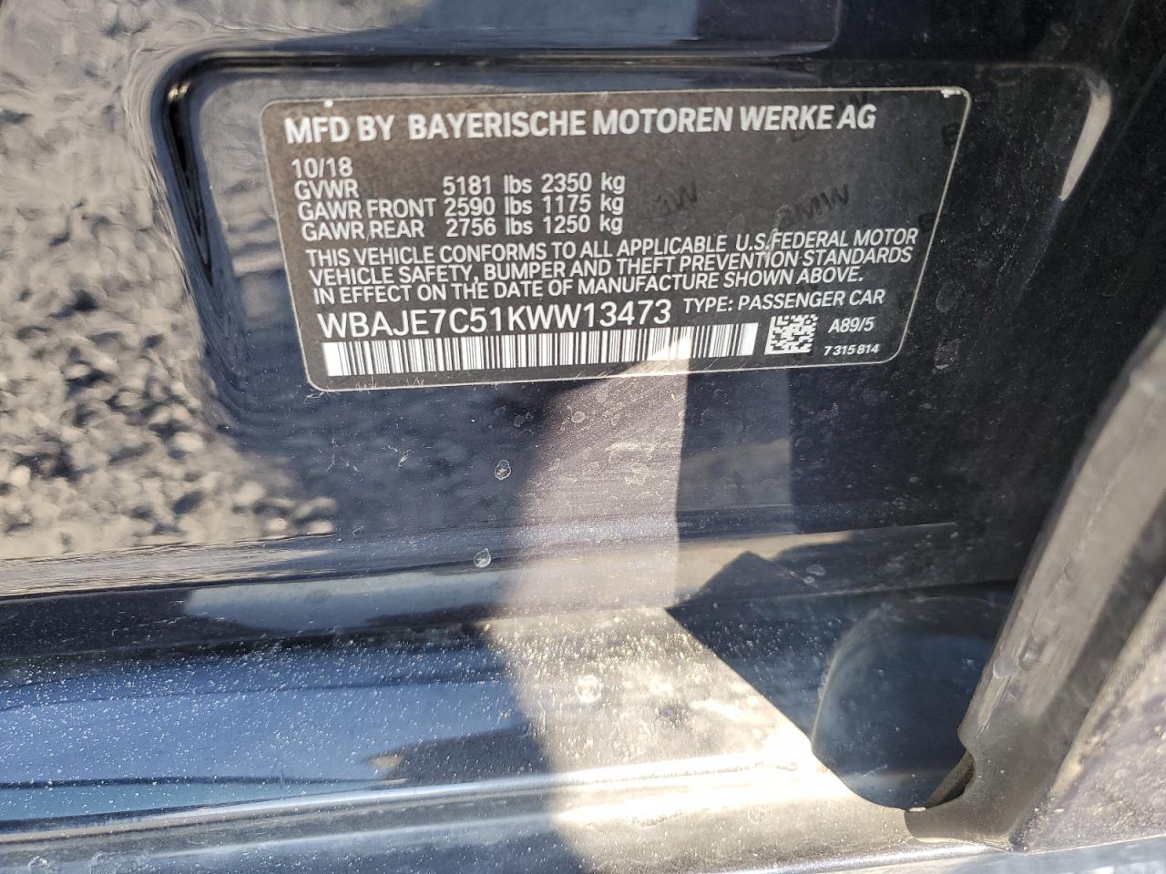2019 BMW 540 Xi VIN: WBAJE7C51KWW13473 Lot: 93063705