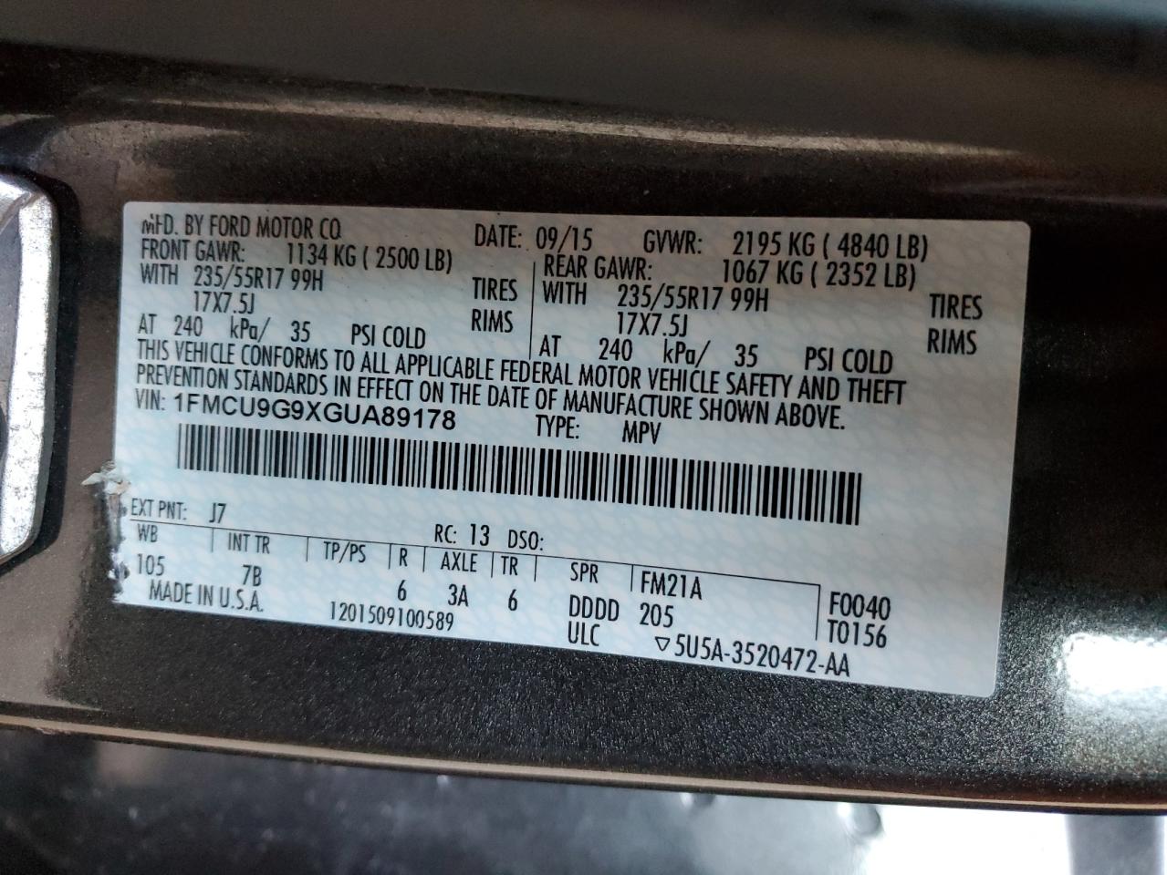 2016 Ford Escape Se VIN: 1FMCU9G9XGUA89178 Lot: 91393675