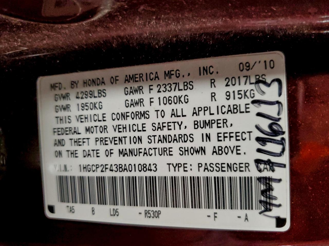 2011 Honda Accord Lxp VIN: 1HGCP2F43BA010843 Lot: 94516175