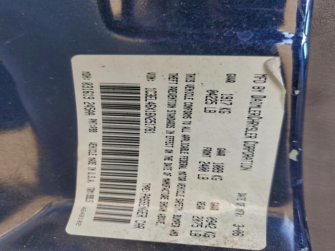 2006 Chrysler Sebring VIN: 1C3EL46X16N251781 Lot: 94413495