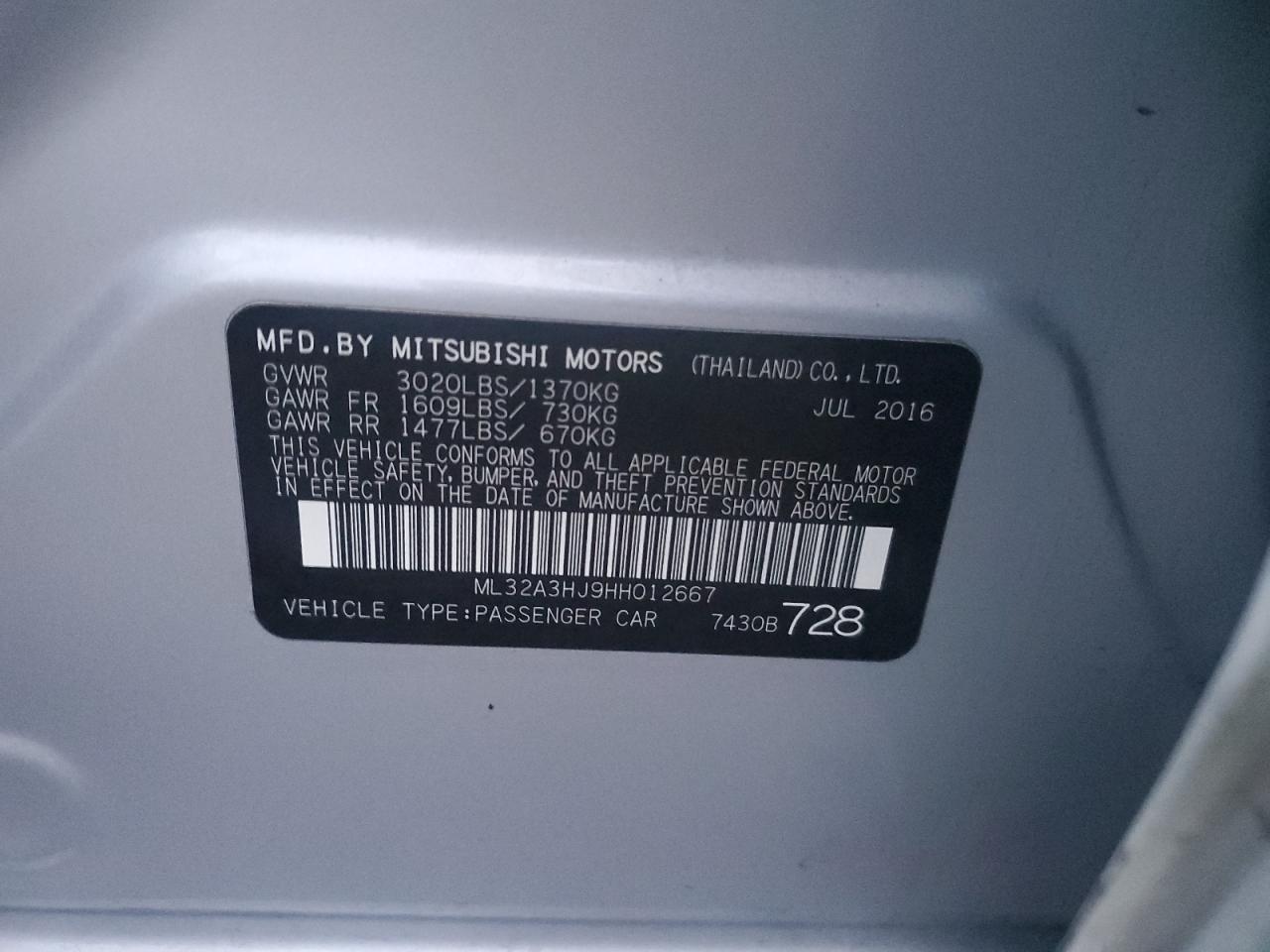 2017 Mitsubishi Mirage Es VIN: ML32A3HJ9HH012667 Lot: 93709005