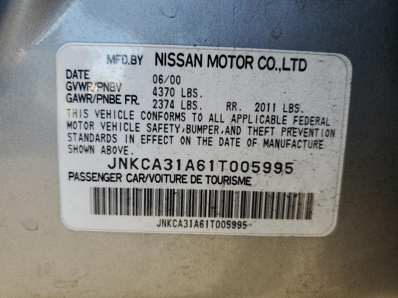 2001 Infiniti I30 VIN: JNKCA31A61T005995 Lot: 93467365