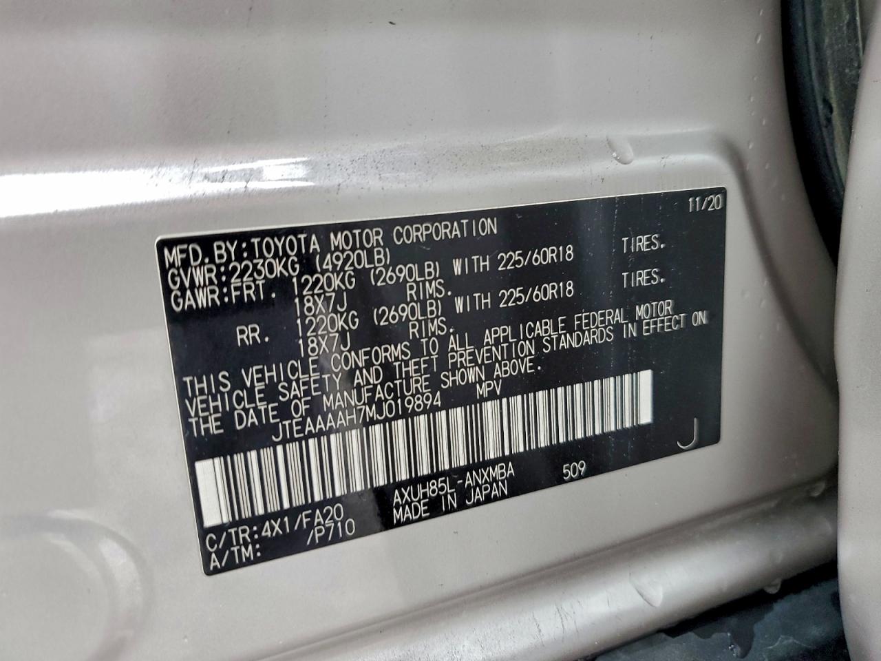 2021 Toyota Venza Le VIN: JTEAAAAH7MJ019894 Lot: 93900865