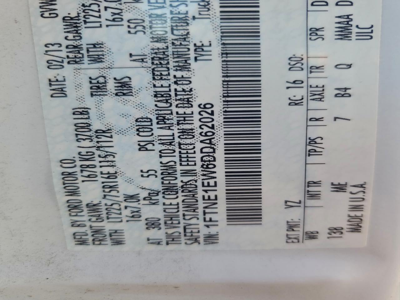 2013 Ford Econoline VIN: A62026 Lot: 95071825