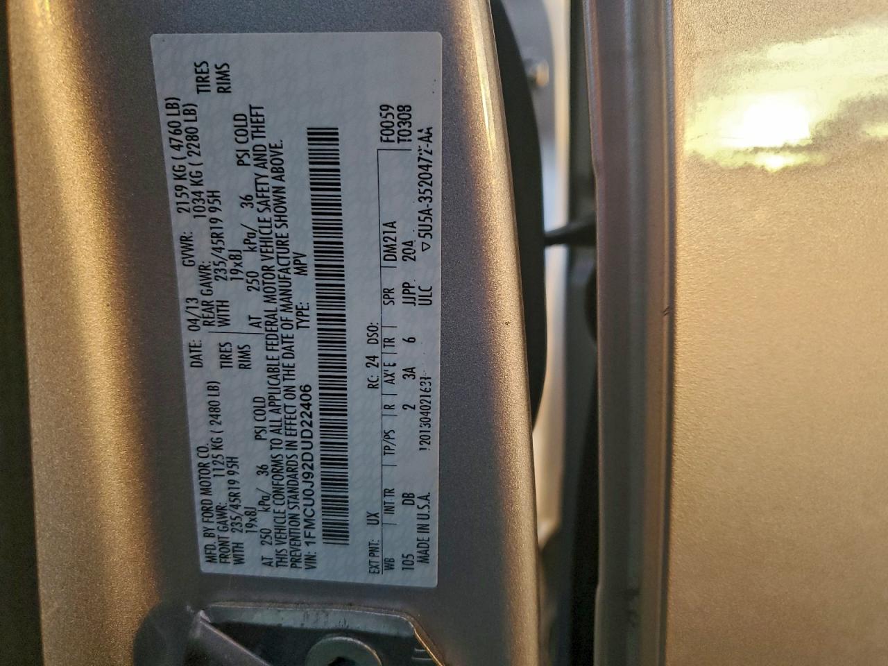 2013 Ford Escape Titanium VIN: 1FMCU0J92DUD22406 Lot: 94155015